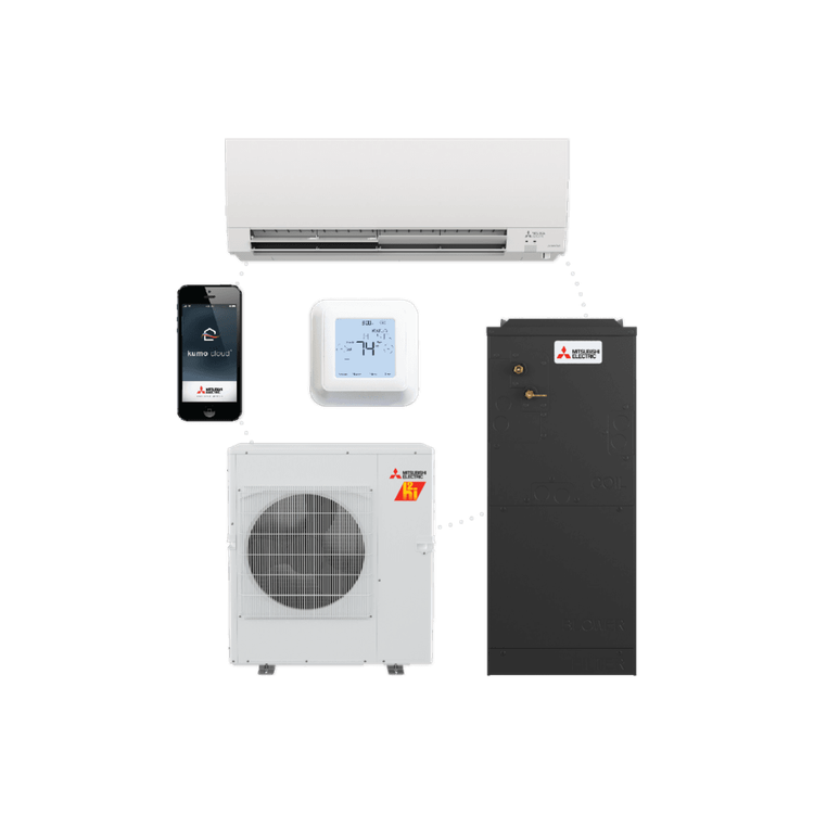 Indoor and outdoor components of Mitsubishi Electric heat pump systems with Kumo Cloud control