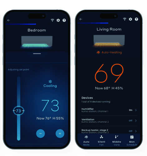 comfort app two screens one showing heating and cooling mode
