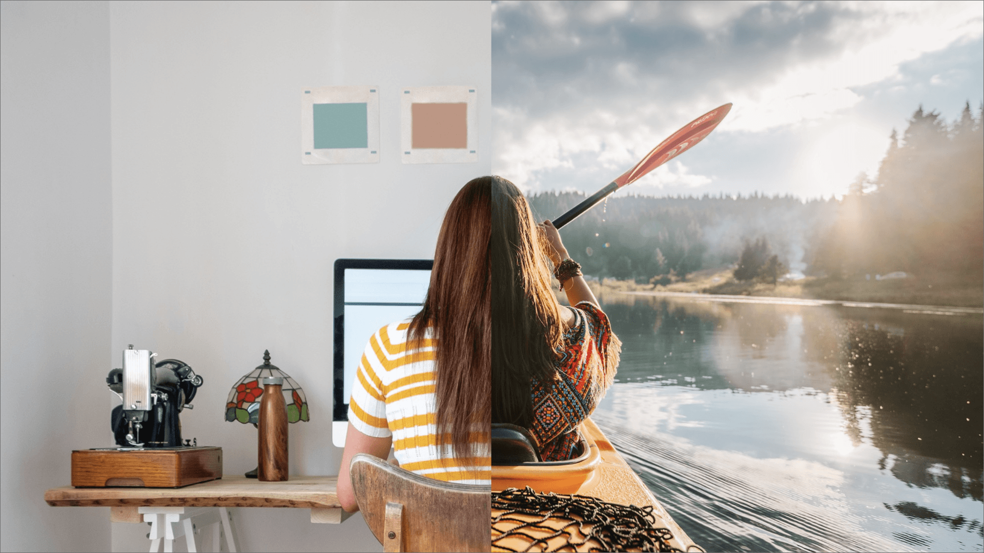 Split image woman at desk and a lake